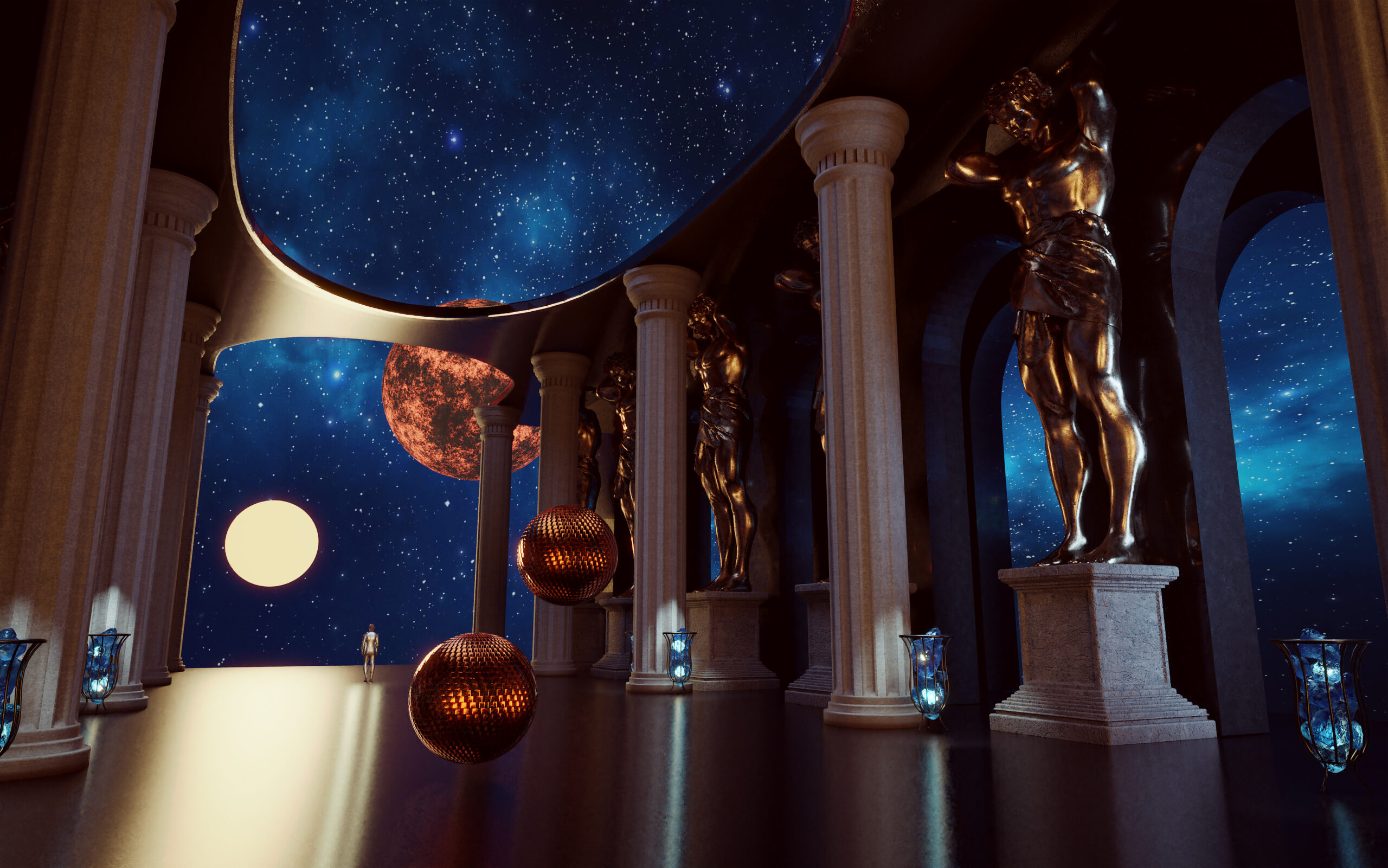 3D rendering scene with sci-fi place in ancient greek style statue and column in star ship hall
